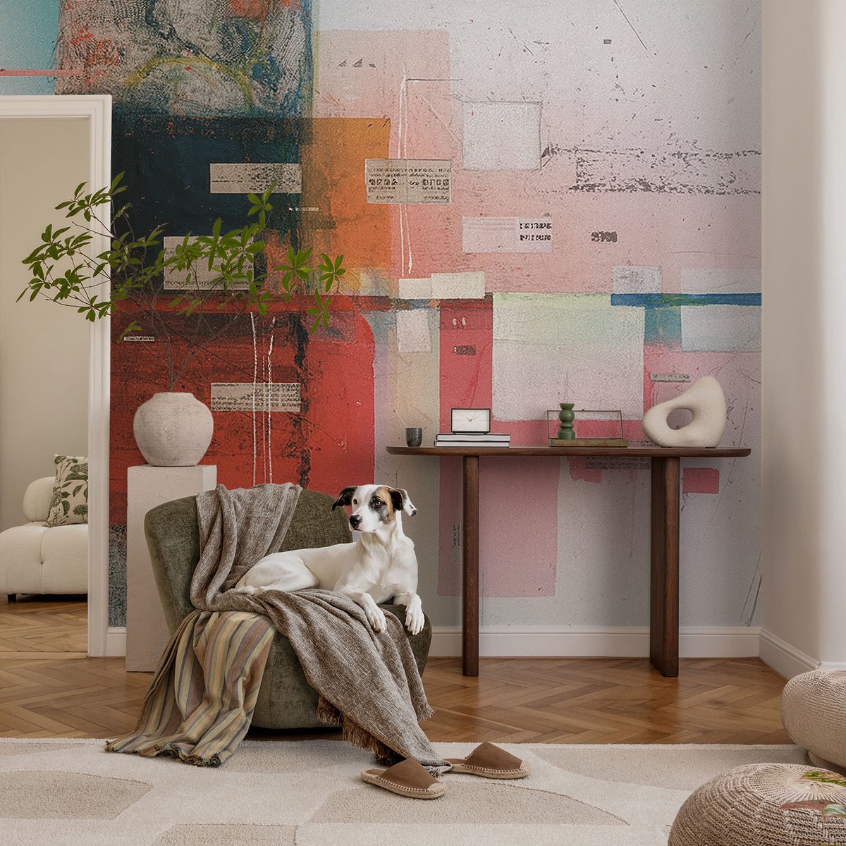 Coloray Vliesbehang - Rood Snellijm Behang - 104x70 cm - Abstracte Compositie Fotobehang Vlies - Woonkamer behang Abstractie - Muurschildering - Woonkamer behang