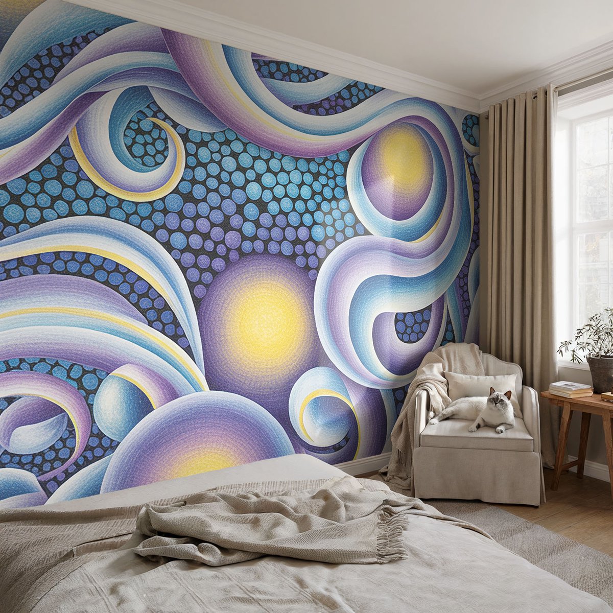 Coloray Vliesbehang - Blauw Snellijm Behang - 104x70 cm - Kleurrijke Wervelingen Muurschildering - Slaapkamer behang Abstractie - Fotobehang Vlies - Slaapkamer behang