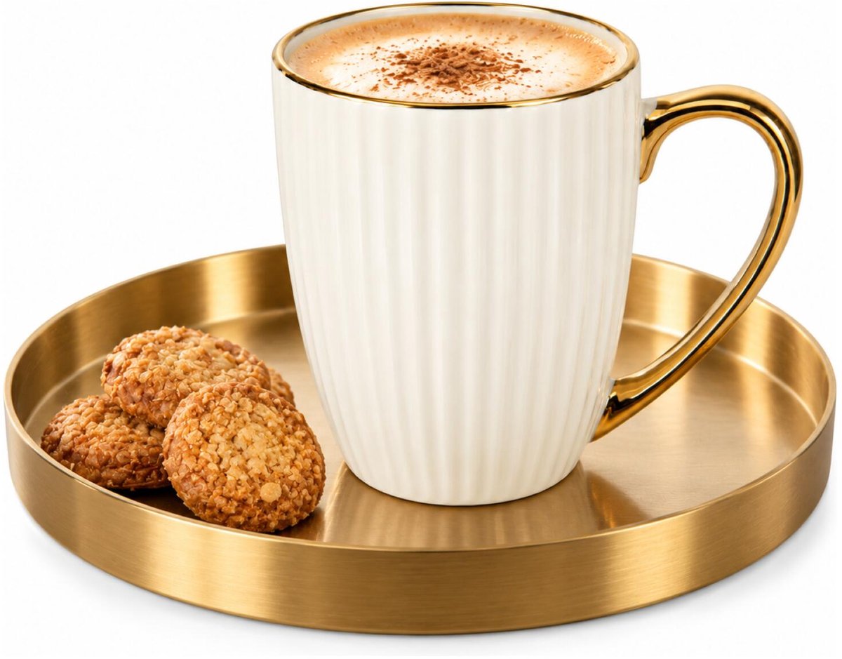Excellent Houseware Koffiemok / theemok Fancy - wit - 340 ml - mokken - kerammiek - tas