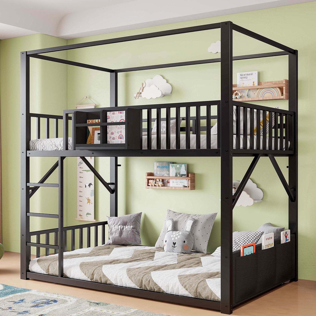Zubaliya Metalen stapelbed 90 x 200 cm - met dakframe, opbergplank en zijvak - zwart