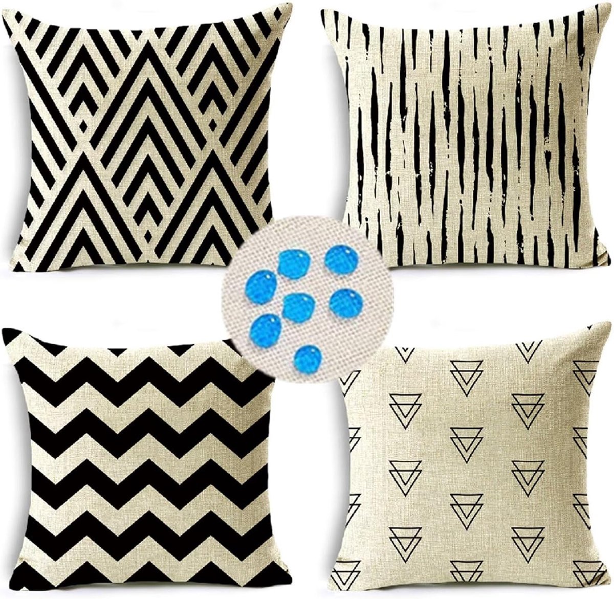 Decoratieve kussenhoes, zwarte lijnen, linnen kussenslopen 45 cm x 45 cm, set van 4 vierkante decoratieve kussens voor buitenstoel, bank, terrasmeubilair, boerderij