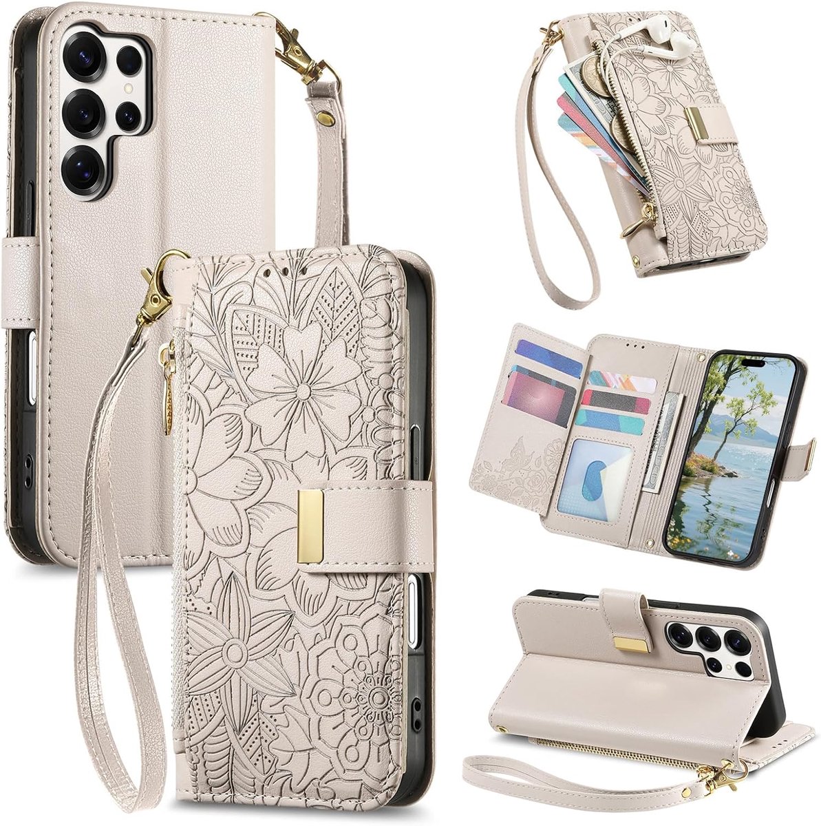 Hoesje voor Samsung Galaxy S25 Ultra, PU-lederen bloemenportemonnee flip book cover met kaarthouder, ritsvak, magnetische sluiting, standaard en polsband, vrouwen vrij schokbestendige hoes, wit
