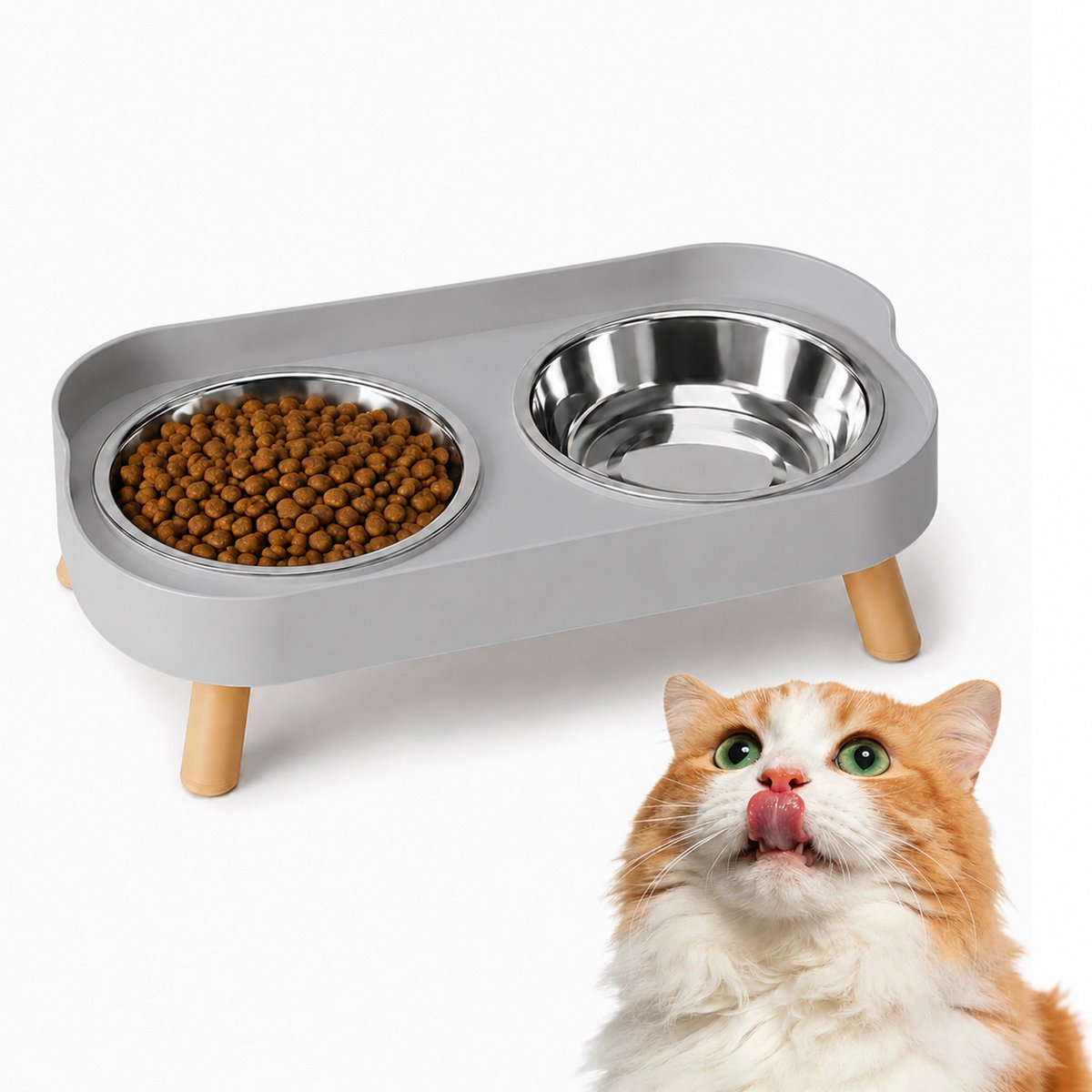 Voerbak - Verhoogde Voerbak voor Huisdieren – Dubbele Roestvrijstalen Voerbakken met Standaard – Spatbestendige – Verhoogde schalen – Voor voer en Water – Geschikt voor Katten – Honden – Kittens en Puppy'sa – Grijs