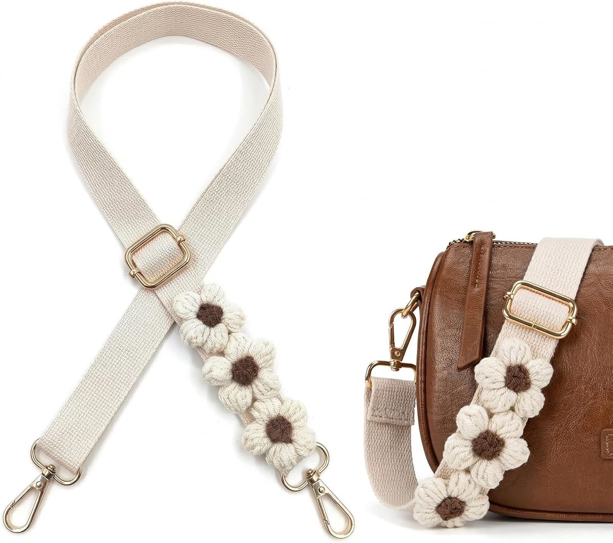 Schouderriem voor dames met geborduurde bloemen, verstelbare vervangende riem 76-130 cm, breedte 2,5 cm, stoffen schouderriem met gouden haken voor schouder- en crossbodytassen, kleur crème