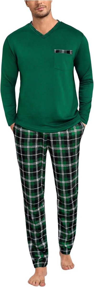 Winterpyjama van katoen, tweedelige pyjama, pyjama met lange mouwen en geruite broek, S-4XL