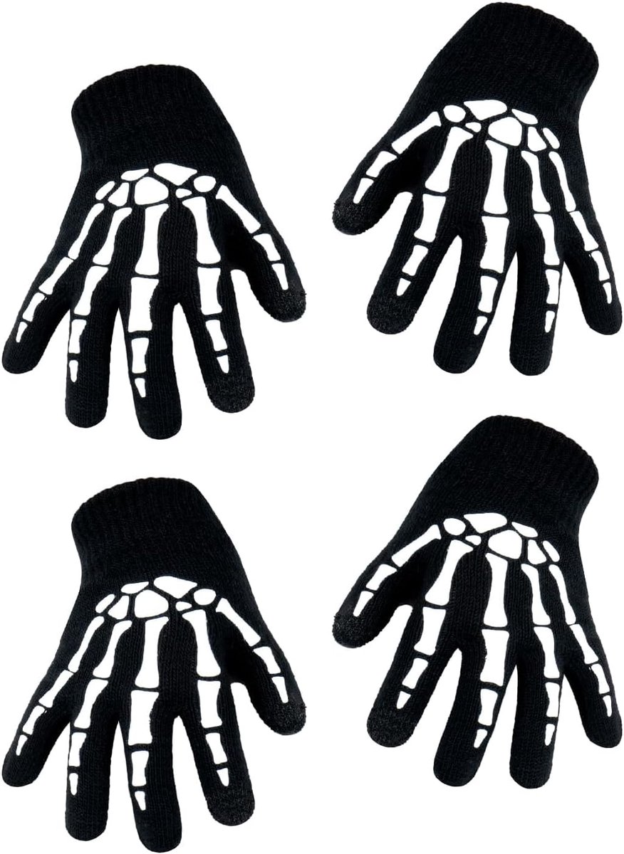 Handschoenen voor volwassenen en kinderen, 2 paar zwarte schedelhandschoenen, Halloween, fosforescerende skelethandschoenen voor Halloween, carnaval, rollenspellen, winter