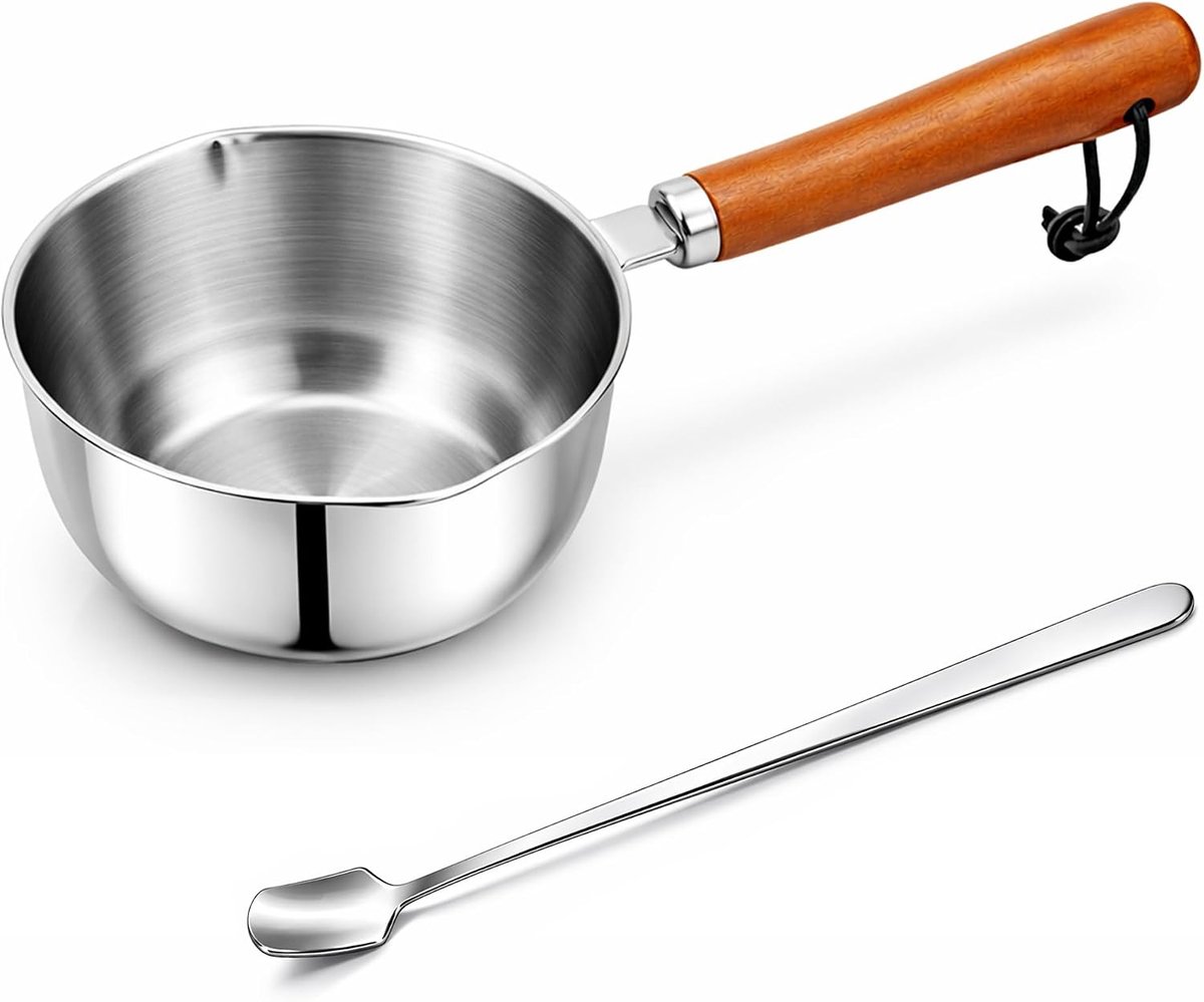 Kleine wassmeltpot voor het maken van kaarsen, 5 oz roestvrijstalen kaars gietpot met hittebestendige houten handvat, kaars maken gietpot met lepel voor sojawas (150 ml)