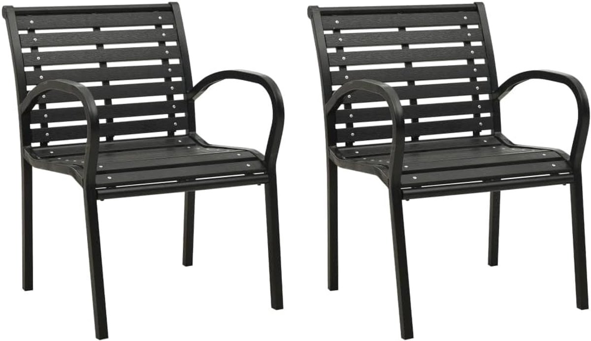 Set van 2 zwarte tuinstoelen met stalen frame en houten latten, industrieel design, inklapbaar, belastbaar tot 110 kg per zitting.