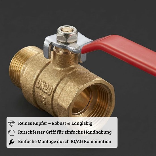 Kogelkraan 3/4 inch messing met lange hendelgreep, afsluitventiel DN20 PN16 (1,6 MPa), waterafsluitkraan voor tuin, huis en industrie — afbeelding 5