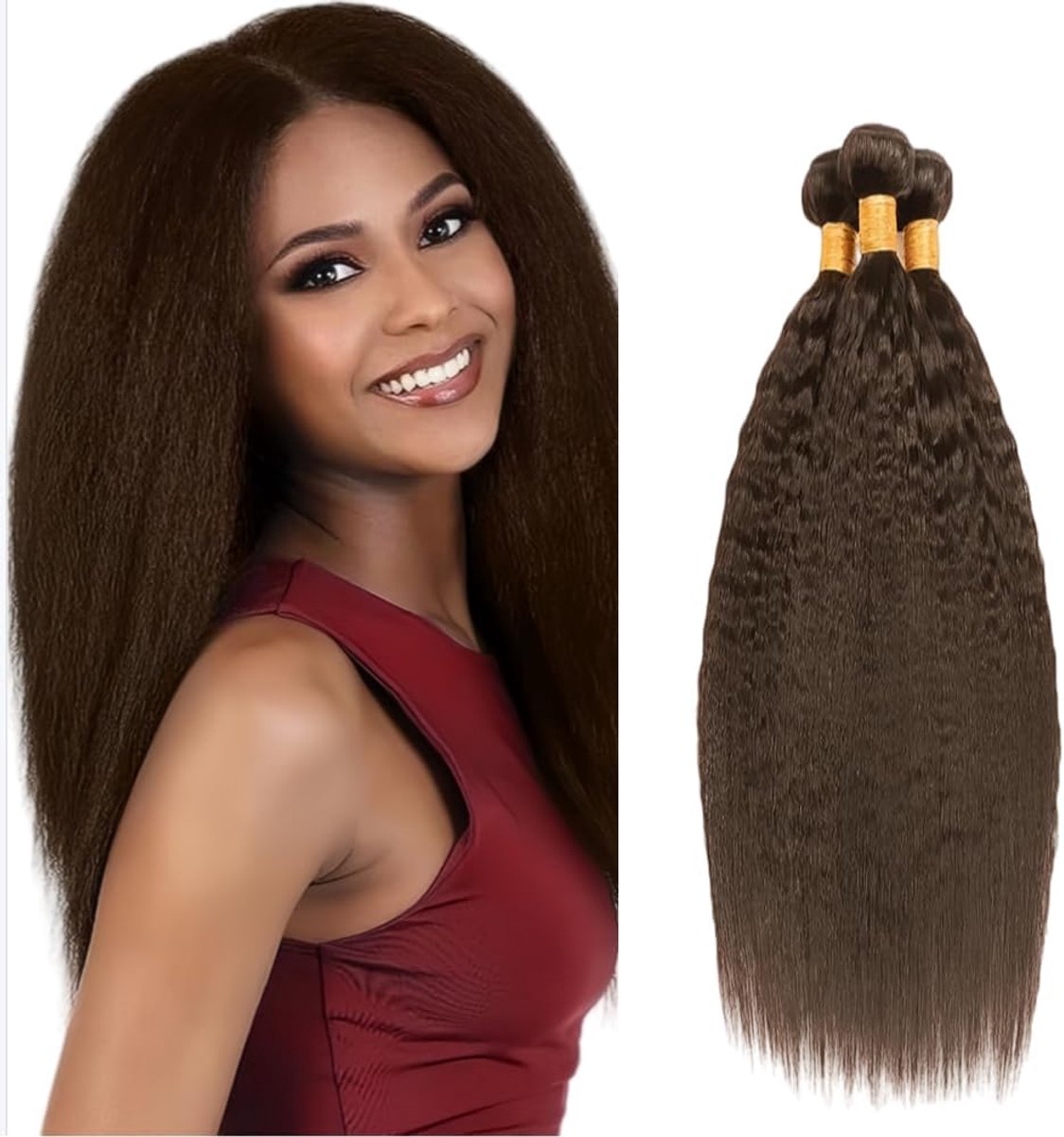 Human Hair Extension Yaki Straight menselijk haar Bundles Unprocessed Brazilian Virgin Hair #4 Chocolate Brown Minimal detachment For Women 3 Bundles Total 150g 20 22 24 Inch