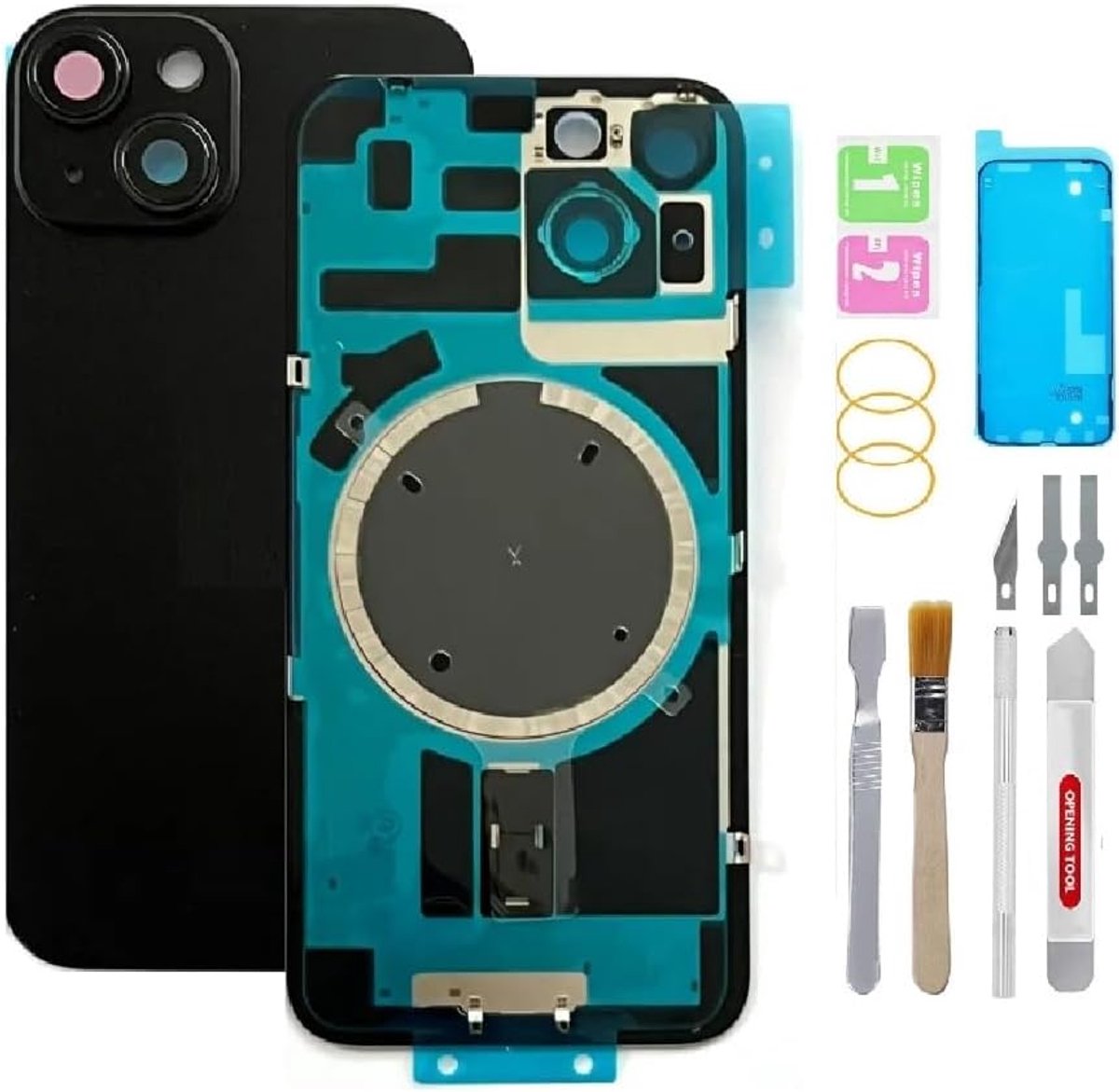 Achterruit, compatibel met iPhone 14, met reparatiegereedschap, scherm, achterkant (zwart)