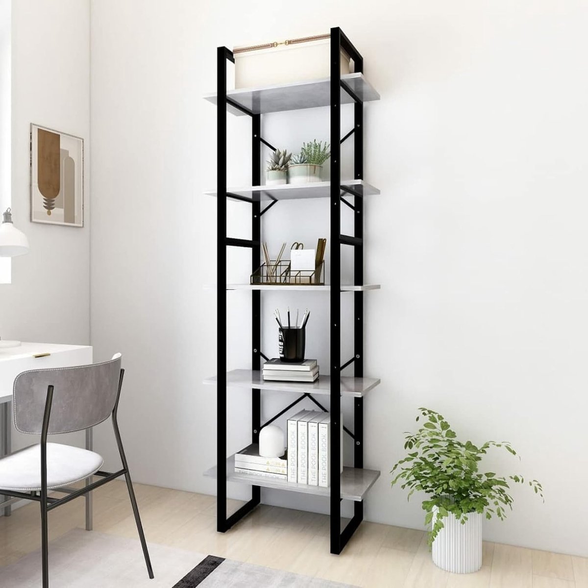 Boekenkast met 5 niveaus, opbergrek, staand rek, boekenkast voor woonkamer, werkkamer, kantoor en hal, industriële stijl, spaanplaat en metaal, betongrijs, 60 x 30 x 175 cm
