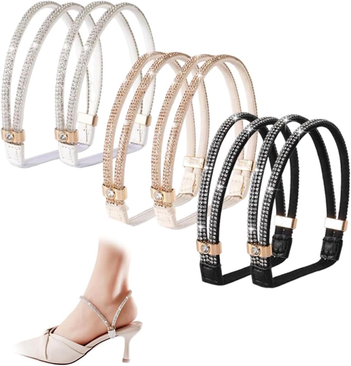 Lanyards voor schoenen met hoge hakken, 3 paar, strass, verstelbaar, antislip, veilige grip voor pumps sandalen, zwart, wit, champagne. Ideaal voor bruiloft, avonddans.