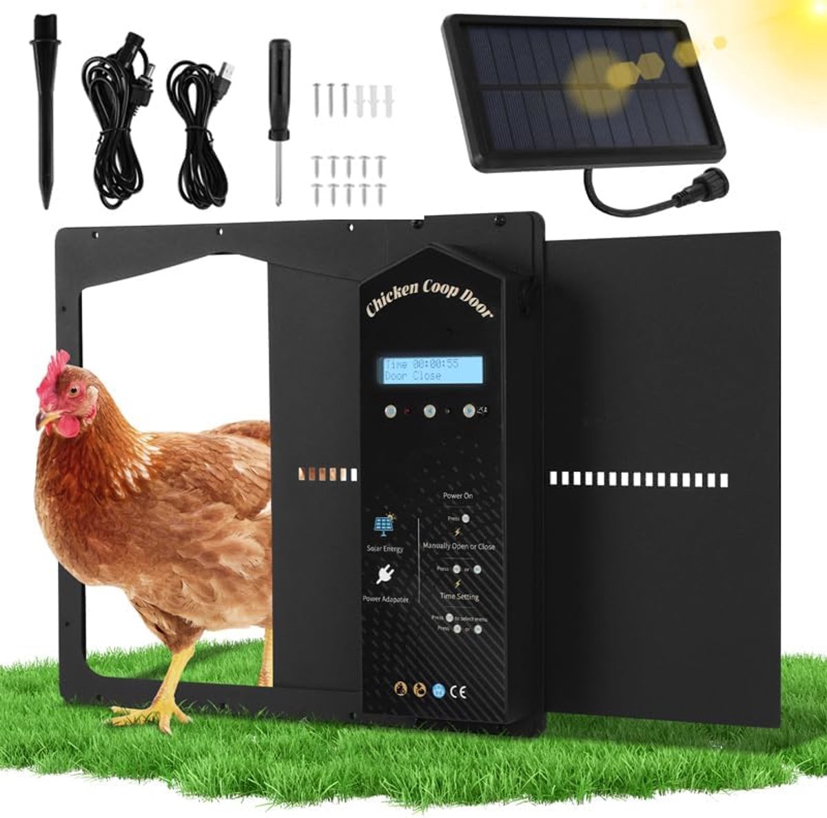 Automatische kippenklep op zonne-energie, automatisch met lcd-display, lichtsensor, timer, afstandsbediening, elektrische kippenhokdeur, kippendeur, intelligente klembeveiliging