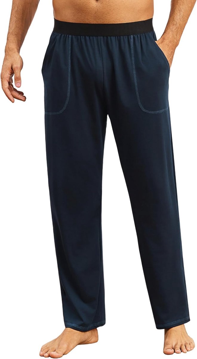 Pyjamabroek voor heren, katoenen broek, lange pyjamabroek, huisbroek met 2 zakken, comfortabele brede effen broek, S-3XL