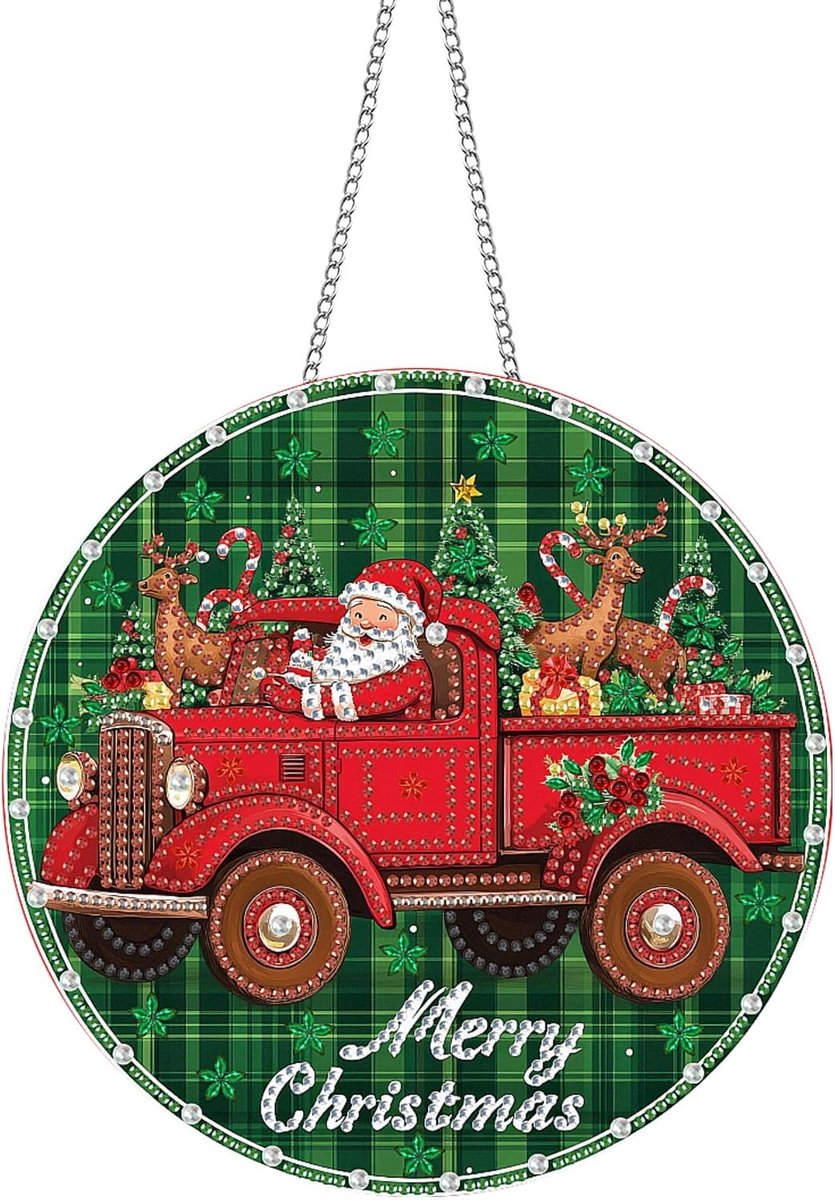 Acrylbord diamond painting hanger & raamafbeeldingen set met ketting - Kerstman DIY schilderij hanger diamant kunst wandbehang kits 20 x 20 cm - voor muur en entree decoratie