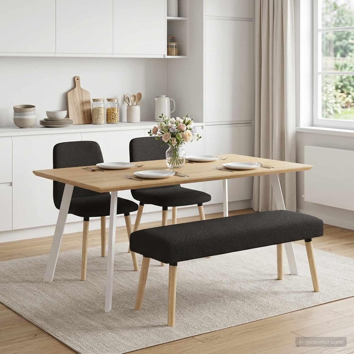Bank, effen, zwart, bouclé-stof, gestoffeerde bank met rugleuning, 110 x 40 x 46 cm, voor woonkamer, hal, entree, slaapkamer