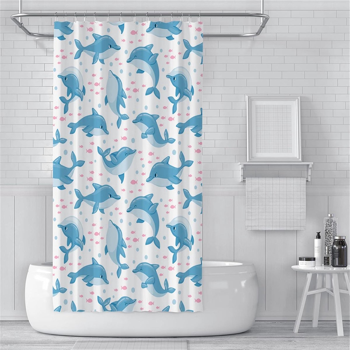 Douchegordijnen, schimmelbestendig, waterdicht, wasbare badkamergordijnen, gewogen badgordijnen met haken, 3D tuin buitendouche gordijn kleine blauwe walvis