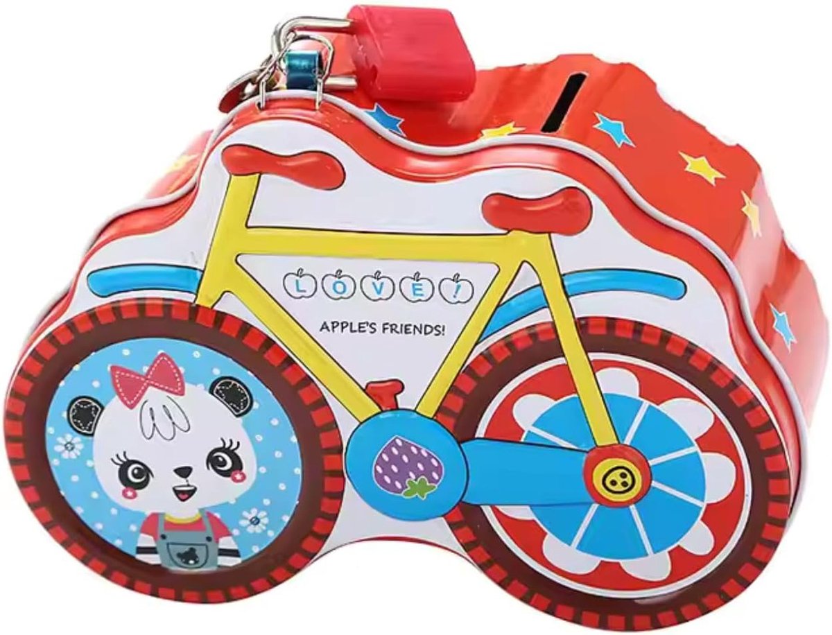 Spaarpot van metaal, fiets met slot, spaarpot, grappige doos, grote maat voor jongens en meisjes (rood)