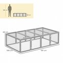 Afmetingen van een grijs houten konijnenhok van 181 cm lang, 100 cm breed en 48 cm hoog, met een afbeelding van een mens van 180 cm.