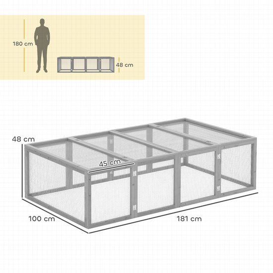 Afmetingen van een grijs houten konijnenhok van 181 cm lang, 100 cm breed en 48 cm hoog, met een afbeelding van een mens van 180 cm.