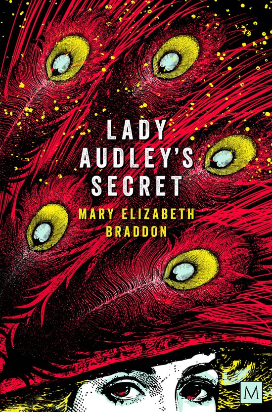 Boekomslag met rode pauwenveren en de titel 'Lady Audley's Secret'.