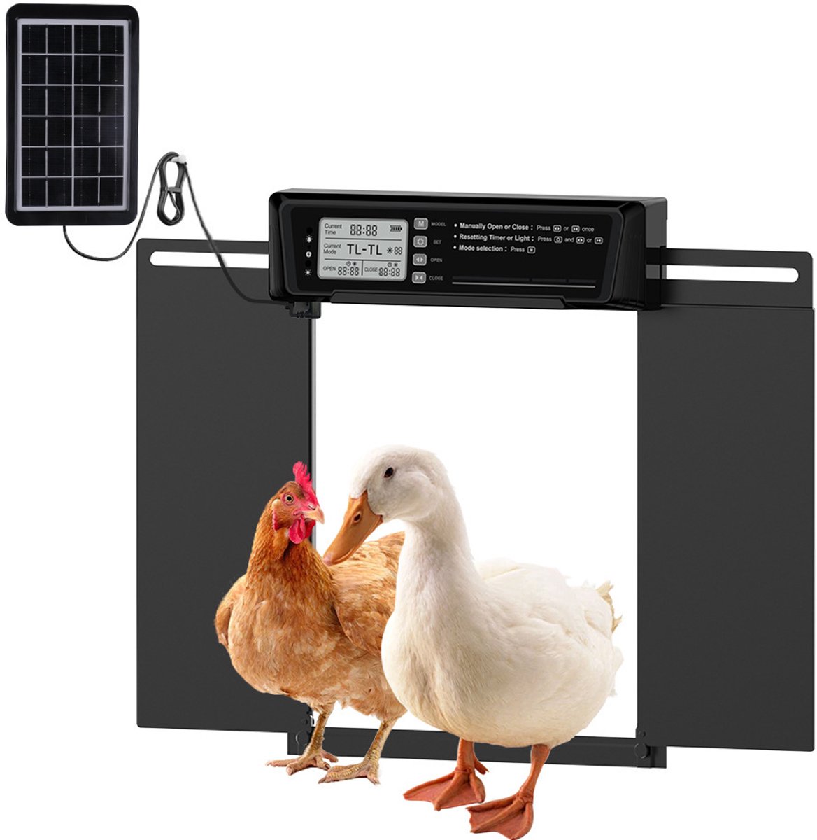 Automatische timing op zonne-energie Kippenhokdeur/huisdierdeur Lichtgevoelige intelligente bediening Anti-knijpbescherming