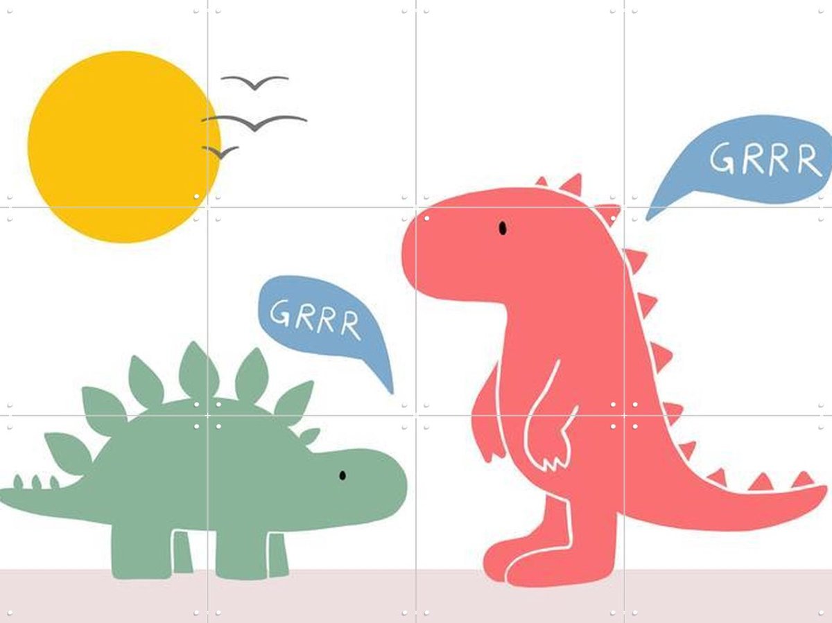 IXXI When Dinos Meet, BAINAI - 80 x 60 cm - Gratis ophangtool - Grote wanddecoratie en posters - Fantasierijk, Kleurrijk, Speels, Cartoonesk, Grafisch