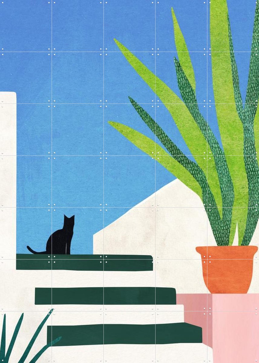 IXXI Cat on Greek Island, Henry Rivers - 100 x 140 cm - Gratis ophangtool - Grote wanddecoratie en posters - Geometrische Kunst, Illustraties