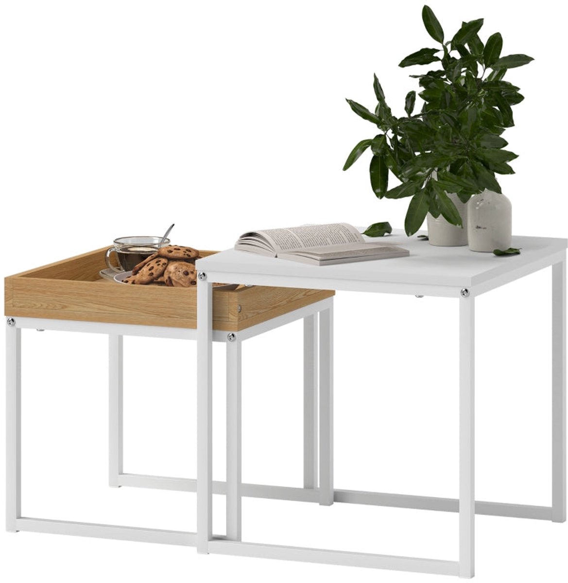 Merax Moderne Salontafelset 2-Delig - Vierkante Bijzettafels Met Afneembaar Dienblad - In Elkaar Schuifbaar - Wit En Eikenlook - Stalen Onderstel - 45 X 45 X 45 Cm En 40 X 40 X 40 Cm