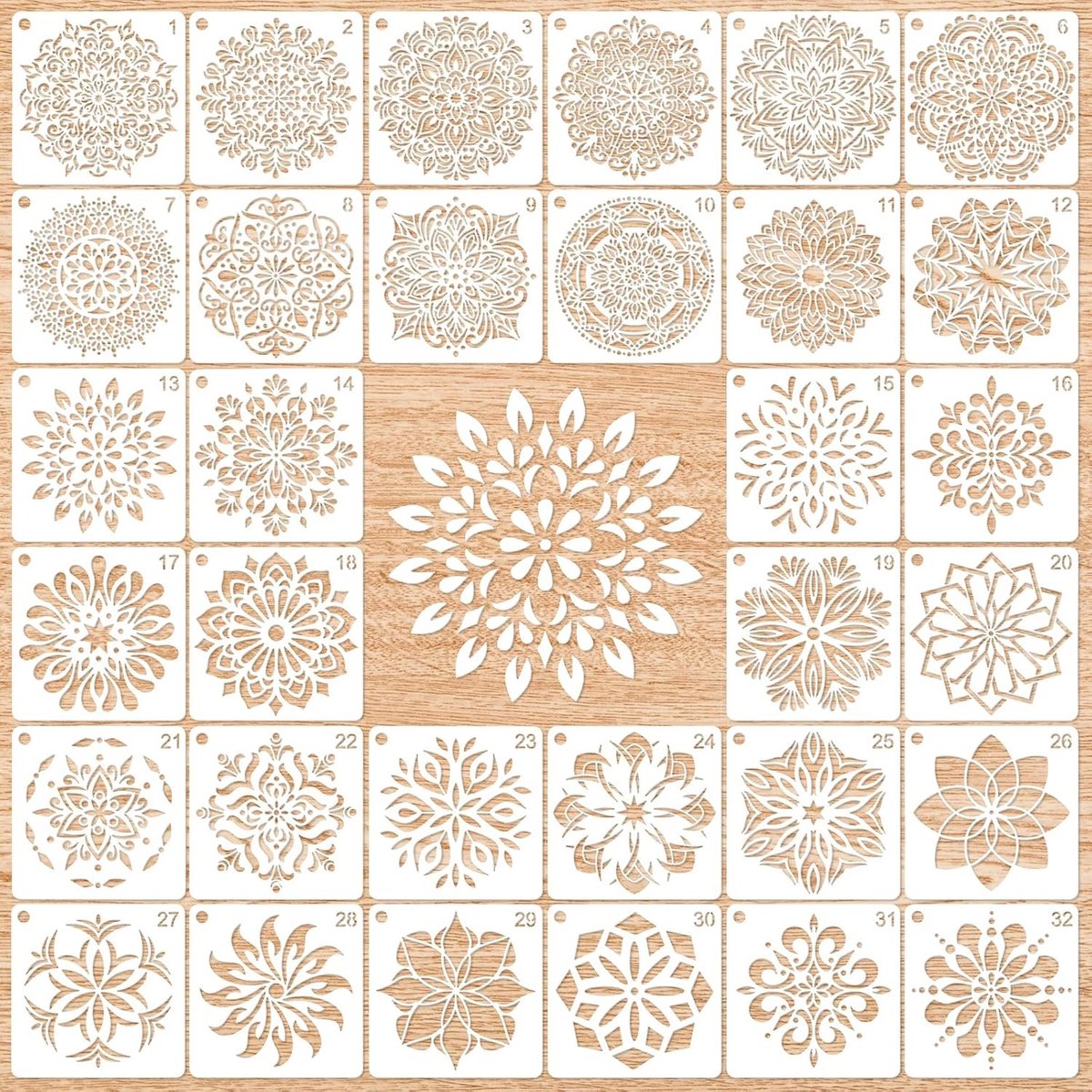 32 Stuks Mandala Schilder Stencils voor Hout, Steen en Canvas - Herbruikbare Sjablonen voor Creatieve DIY Projecten, 12x12cm