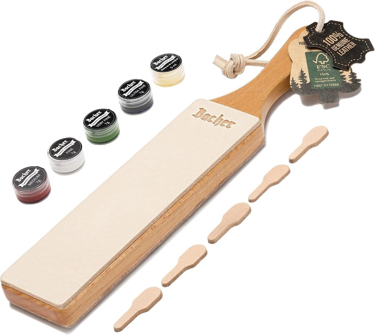 Lederen Stropping Kit - Bruin - 320 x 60 mm - Massief Beukenhout met Polijstpasta - Voor Messen en Scheermessen