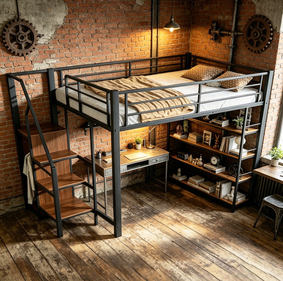 Hoogslaper 140 x 200 cm Zonder Matras Met Opbergtreden, Ingebouwde Schappen En Kledingkast Voor Kinderkamer En Jeugdkamer Zwart