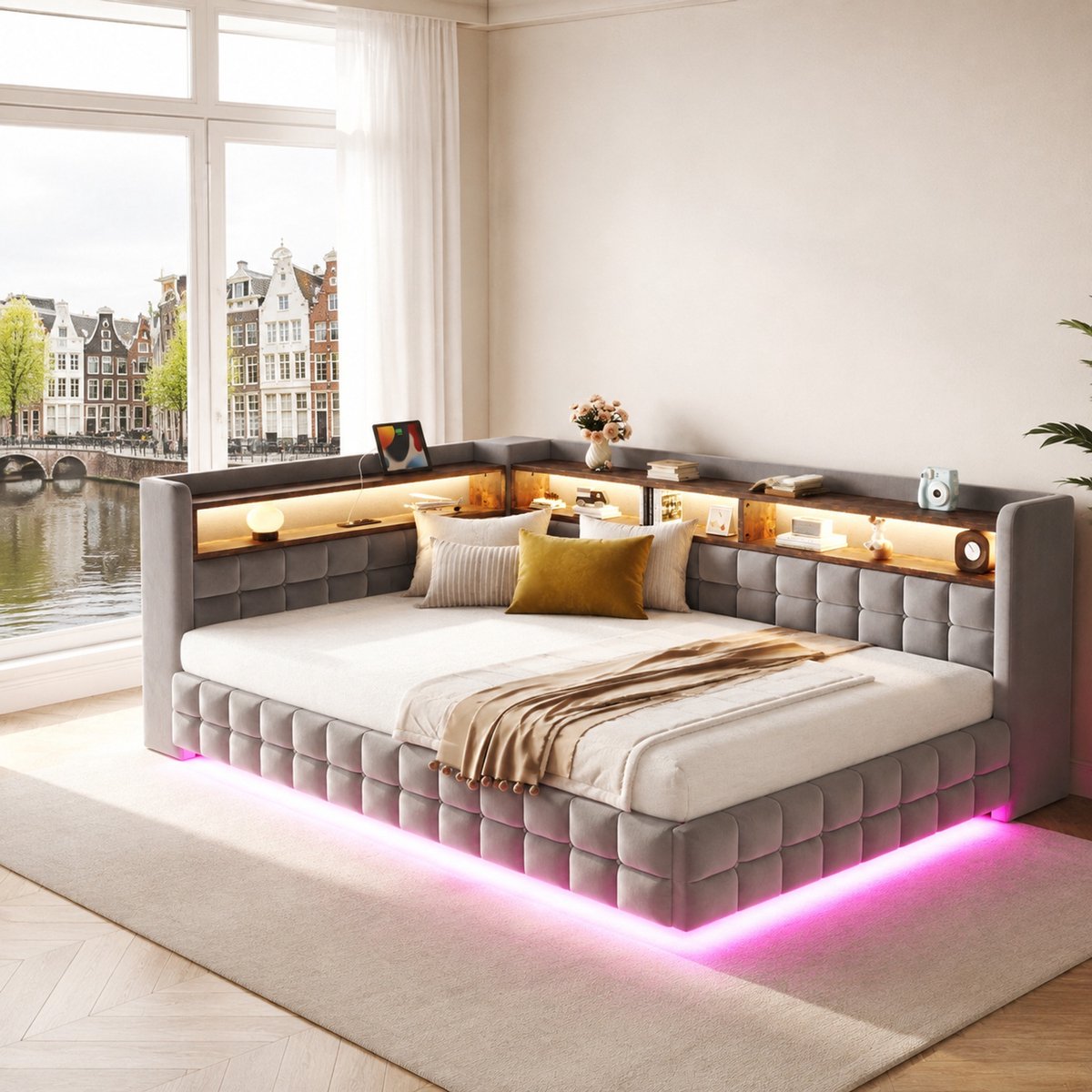 WUVRIE Slaapbank 90x200 cm met hydraulische opbergruimte, LED, stopcontact, USB en Type-C, lichtgrijs