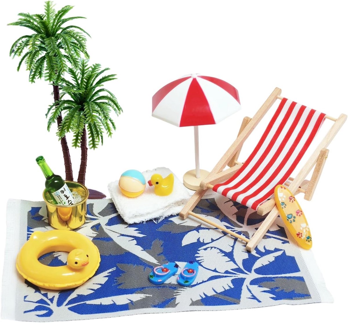Miniatuur Stranddecoratie Set met 12 Stukken, Inclusief Zonnebedden, Palmbomen en Parasols voor DIY Landschappen en Poppenhuizen