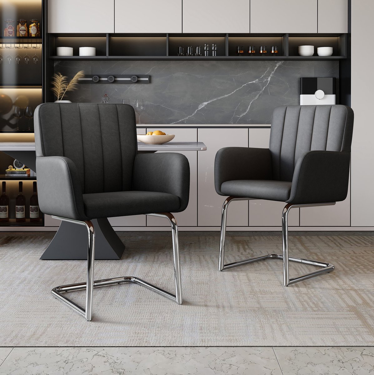 HAUSS SPOLE Eetkamerstoel - Set van 6 - Met Armleuningen - Zwart Kunstleer - Gestoffeerd - Modern Ontwerp Voor Eetkamer En Woonkamer