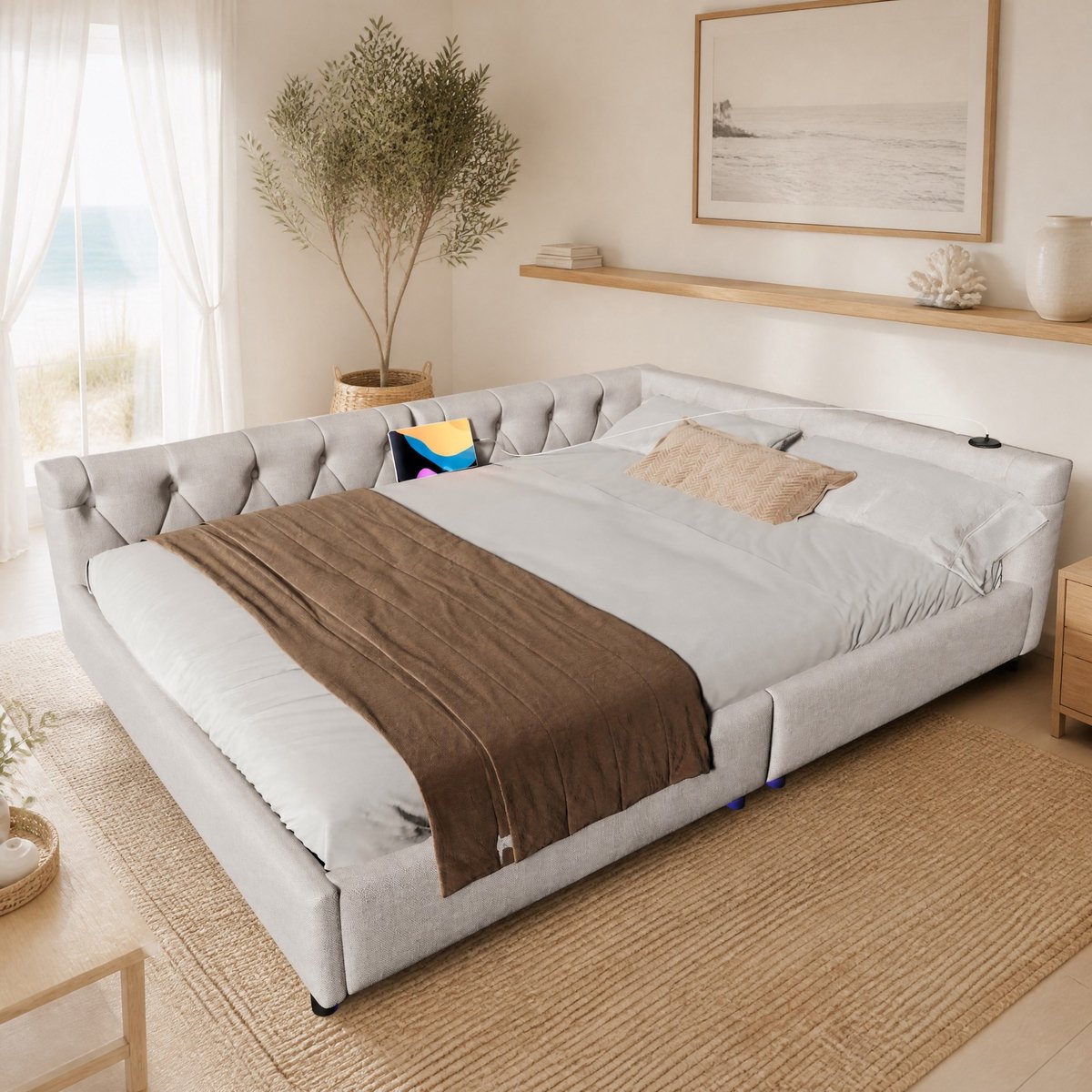 COVREO Slaapbank met LED-verlichting – 140x200 cm – Daybed met USB en Type-C – Bed voor slaap- of logeerkamer – Beige - zonder matras