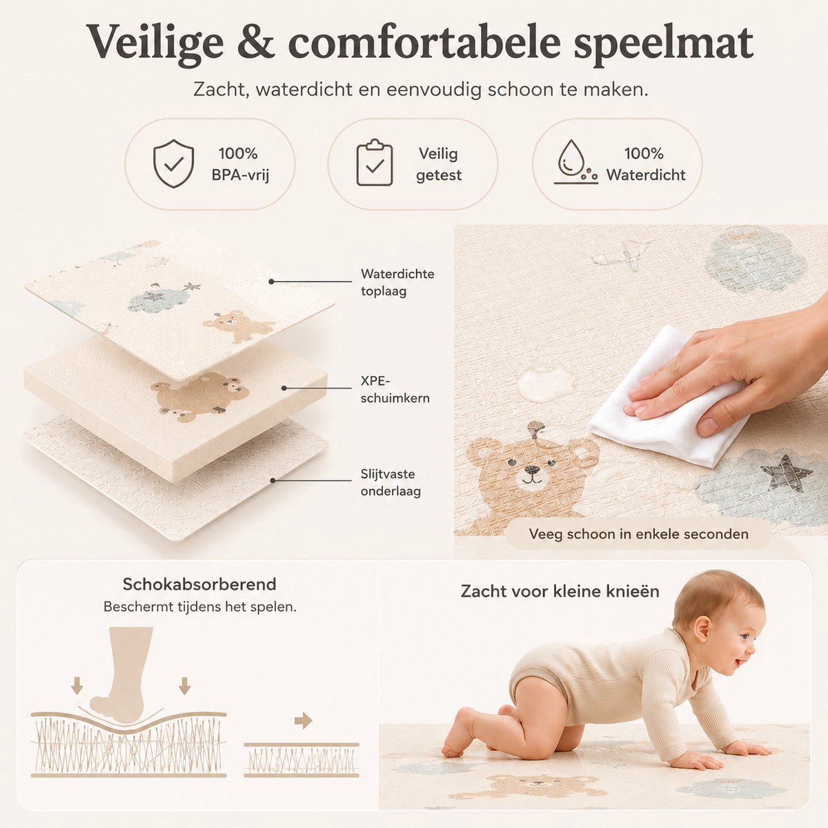Lucellia® Grondbox Baby 120x160 cm met Dierenprint – Speelbox met Speelmat & 30 Speelballen – Kinderbox, Playpen & Baby Box – Draagtas – Beige – foto 4