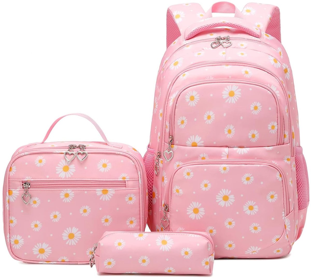 Casalora® Schoolrugzak Meisjes – 3-delige Rugzak Set met Lunchtas en Etui – Roze Madeliefjesprint – Waterafstotend en Lichtgewicht – Schooltas voor Tieners en Meisjes