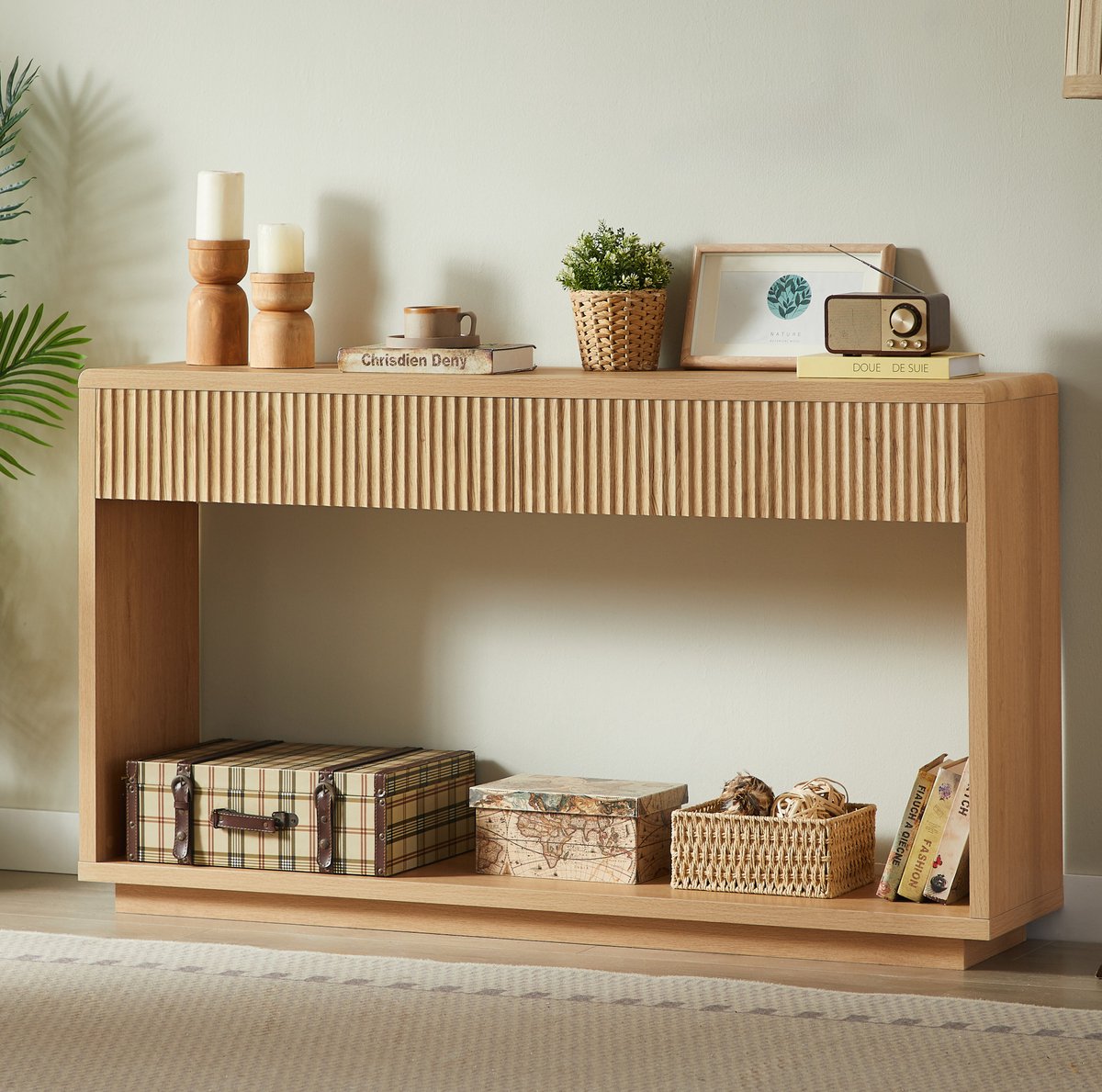 HAUSS SPOLE Consoletafel Modern Met 2 Lades En Open Vak Voor Hal En Woonkamer Van Spaanplaat En MDF Licht Eiken 150 X 35 X 85 Cm