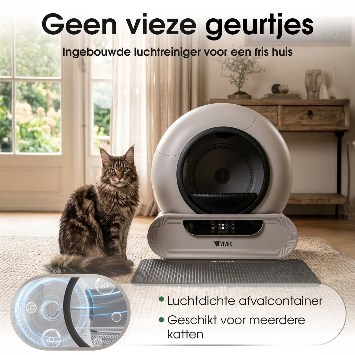 Vivex® Automatische Kattenbak – Zelfreinigende Kattenbak met 15 rollen - Elektrische Kattenbak Inclusief App – 75L - incl Matje en 225 opvangzakjes - XXL thumbnail 3