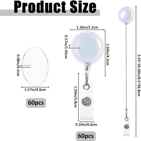 60 Stuks DIY Badge Reel - Doorzichtige Retractable Badge Clip met 40mm Acryl Inzet en 26,3 Inch Koord voor ID Kaart Houder en Verpleegkundige Gebruik — afbeelding 5