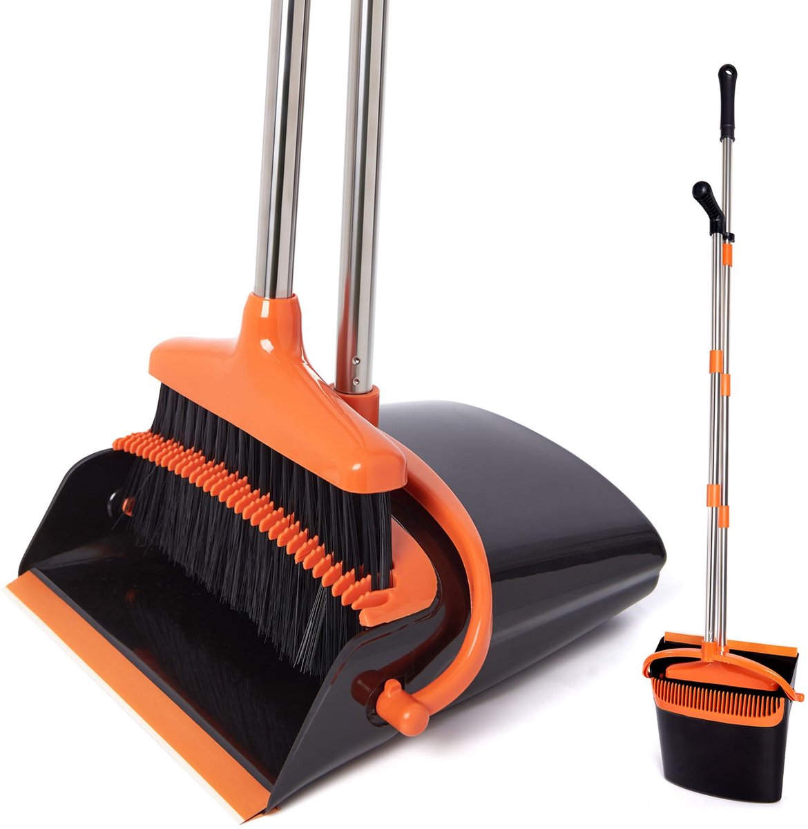 Stoffer en Blik met Lange Steel - Verstelbaar 87‑138 cm - Met Schoonmaaktanden - Oranje