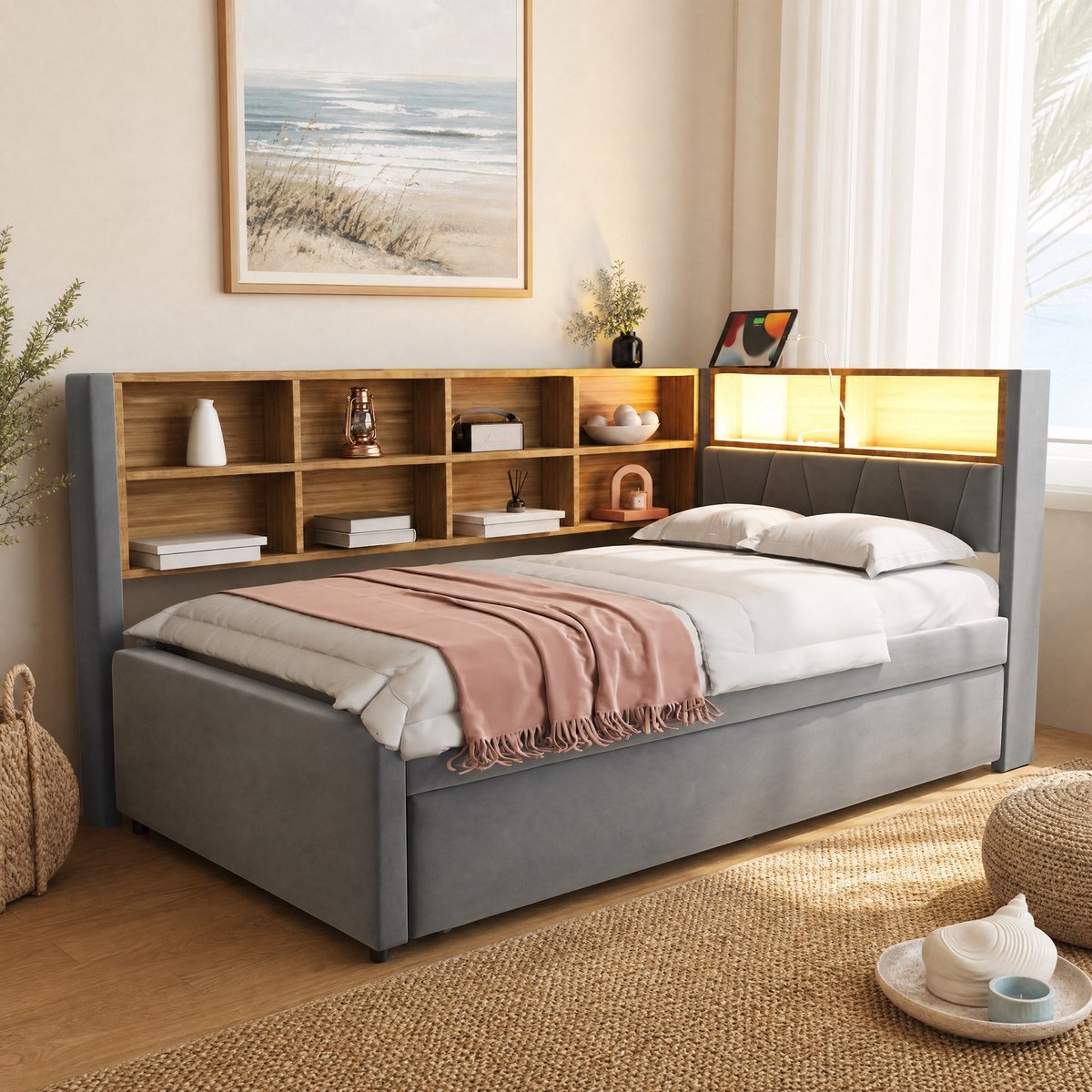 COVREO Slaapbank met uitschuifbed – 90x200 cm – Bed met LED, USB-C en opbergruimte – 213x103x98 cm – Donkergrijs - zonder matras