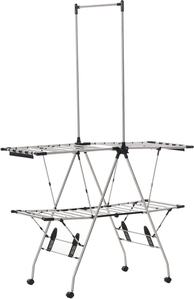 Opvouwbaar droogrek - Grote droogruimte - Met wielen - Roestvrij staal - Afmetingen 138,5 x 63 x 208 cm - Praktisch opvouwbaar