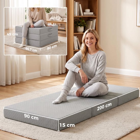 Klapmatras 200x90 cm, 15 cm dik - Opvouwbaar - Draagbaar - Wasbare hoes - Vloermatras - Oeko-Tex gecertificeerd — afbeelding 4