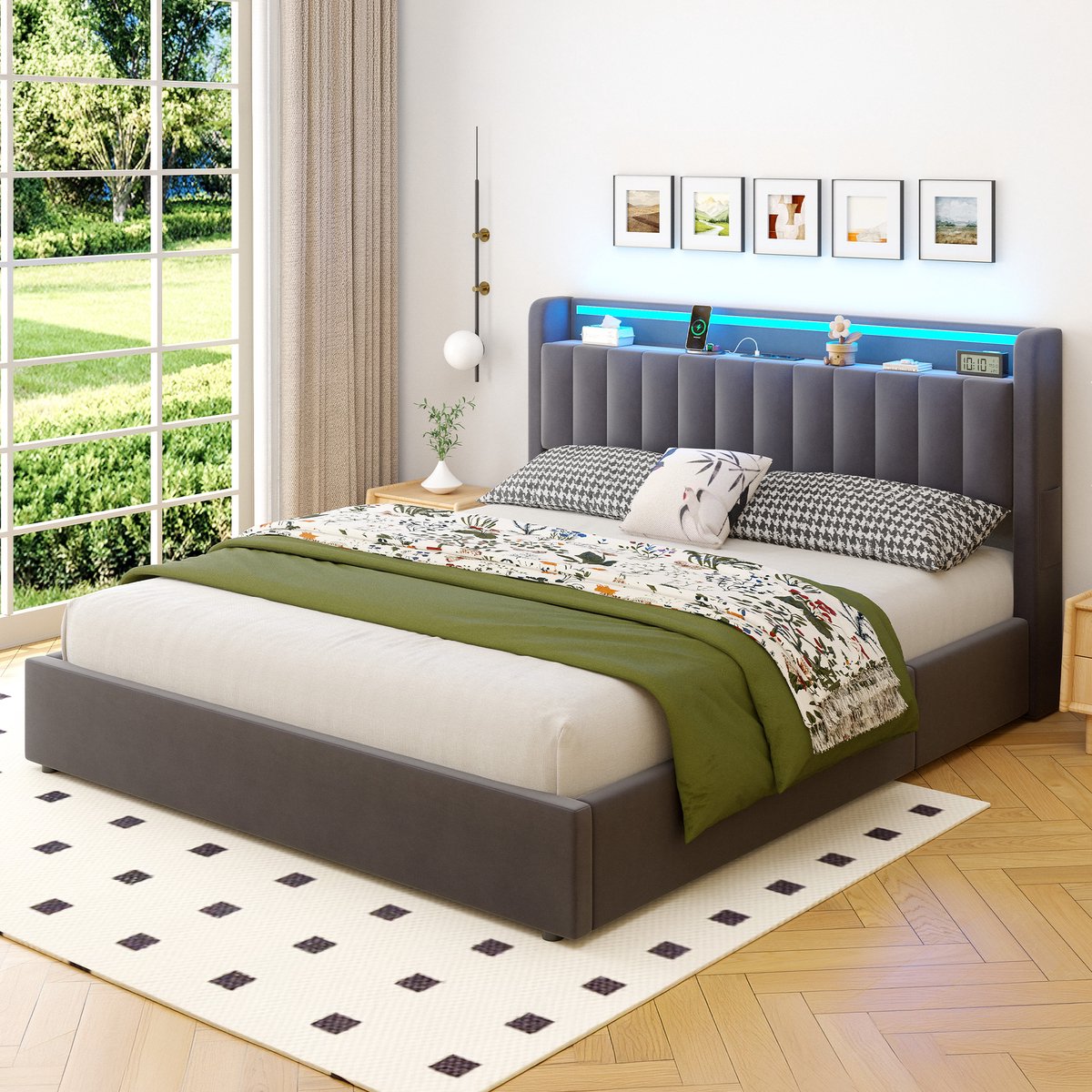STILVORA Gestoffeerd Bed 140x200cm – Bedframe Met USB-Aansluiting En Sfeerverlichting – Slimme Opbergruimte Onder Het Bed – Voor Slaapkamer – Fluweel Donkergrijs Zonder Matras