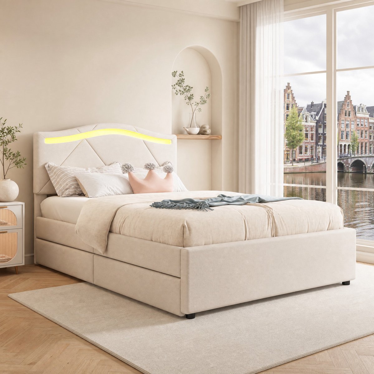 WUVRIE Bed 90x200 cm met lattenbodem, LED verlichting, 2 lades en verstelbaar hoofdeinde, beige