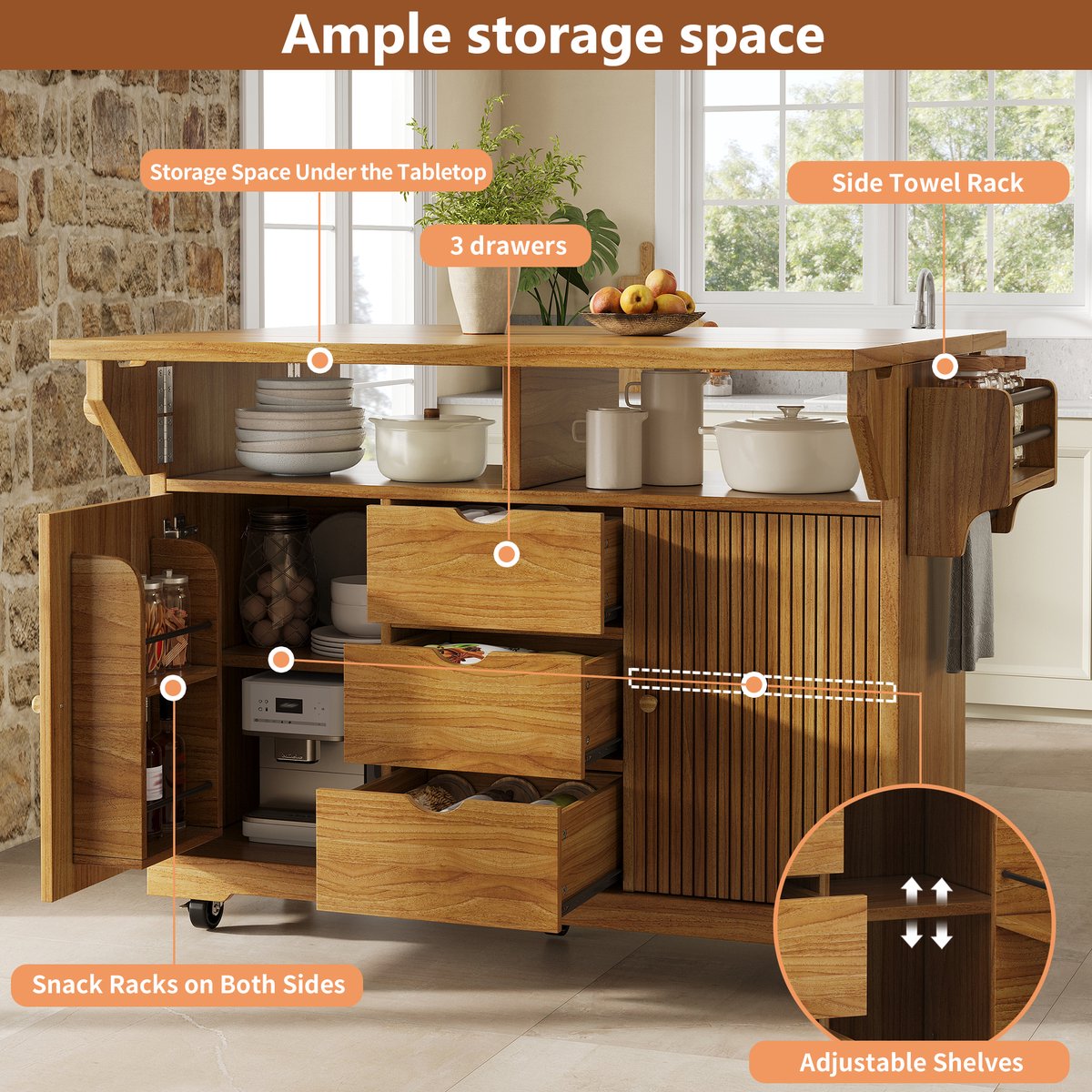 Serveerwagen Met Uitklapbare Bladen En 3 Lades Voor Keuken En Eetkamer Donkerbruin MDF 142,5x80x95 Cm