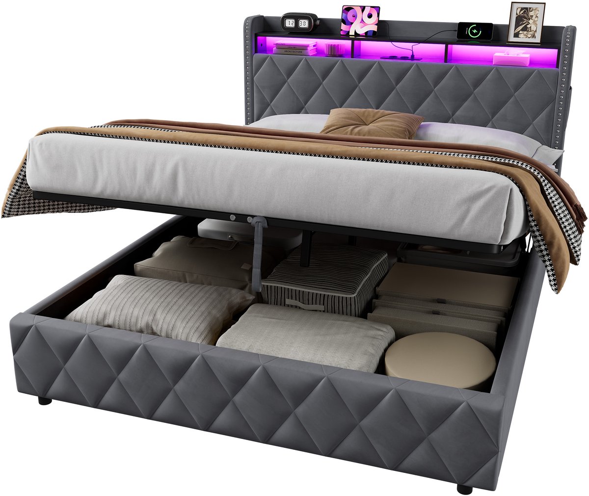 DESMIU Gestoffeerd Eenpersoonsbed 160x200cm – Hoofdbord met Verlichting en Oplaadfunctie – Hydraulische Opbergruimte – Slaapkamer – Fluweel en Hout – Donkergrijs – Zonder Matras